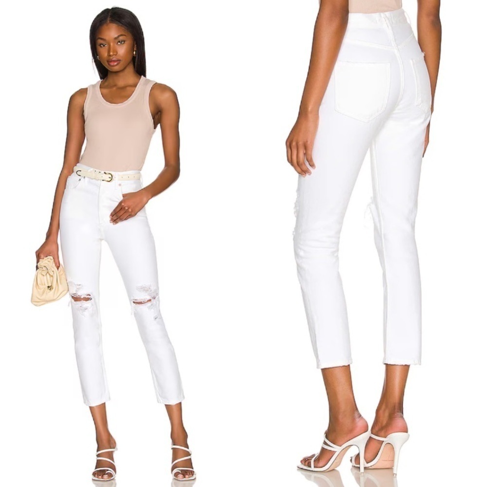 Agolde Riley High Rise Straight Crop Distressed Jeans in Slant White Size 26